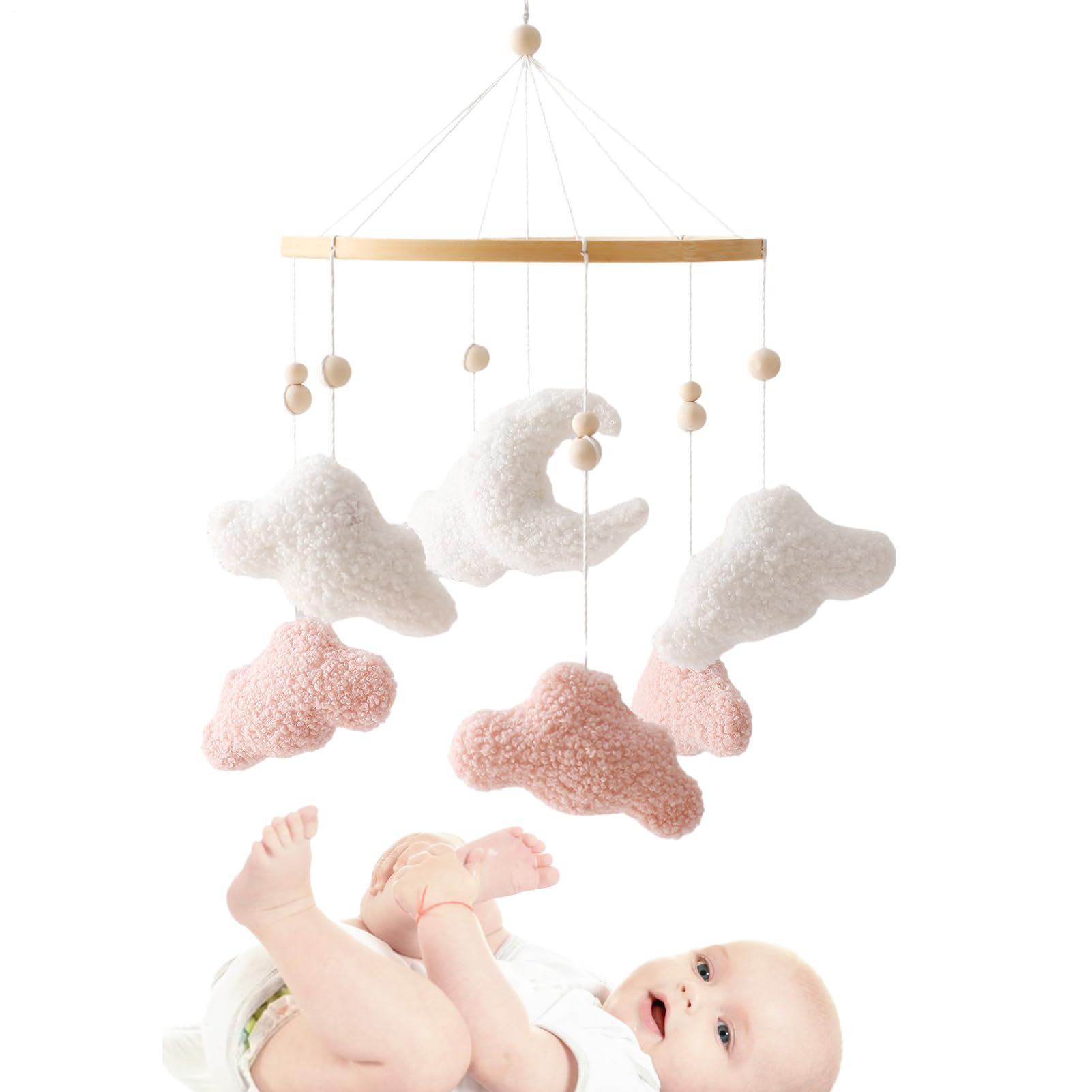 Baby Crib Mobile, Baby Bed Wind Chime,Clouds Kinder Cot Mobile, Wooden Cot Toy, Nursery Bed Bell Hanging Decor, New-Born Boys and Girls Gift