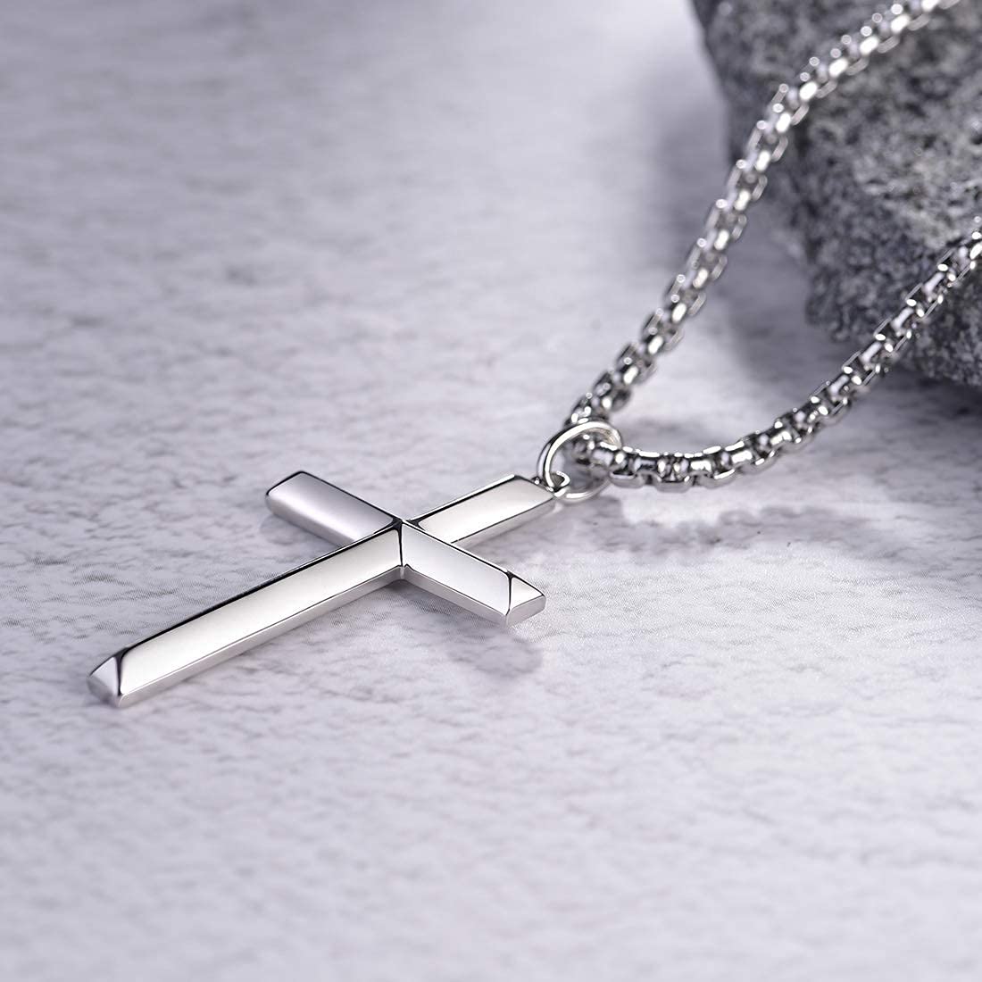 FANCIME Collar con Colgante de Cruz para Hombre Niños de Plata de Ley 925 Chapada Oro Blanco con Cadena de Acero Inoxidable - Longitud Cadena: 61 cm
