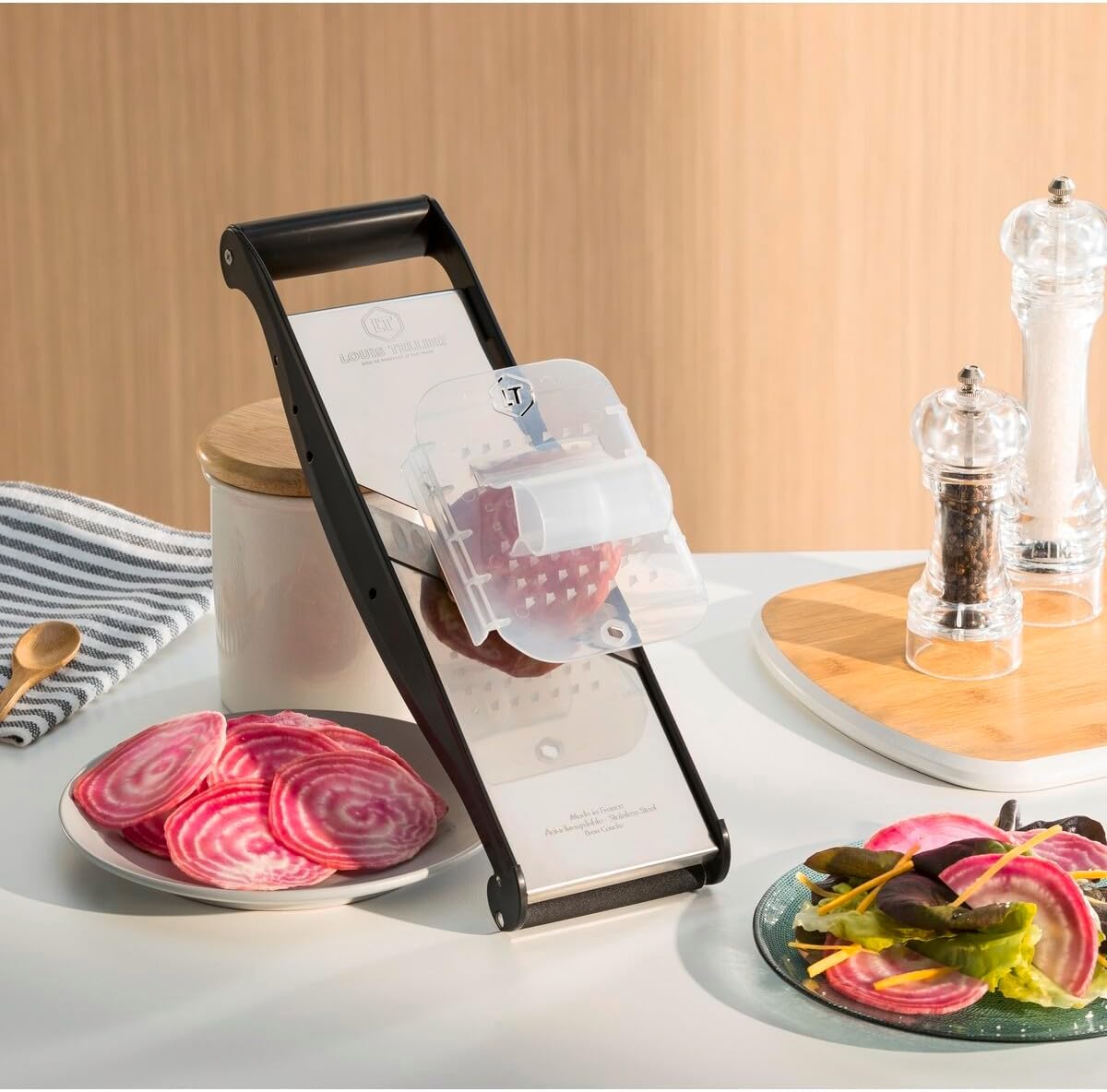 LOUIS TELLIER | Profi-Gemüsehobel aus Edelstahl Compact-Pro Basalt mit Ergonomischem Schieber | Obst- und Gemüseschneider und Frites und Juliennes | Dicke verstellbar | Made in France