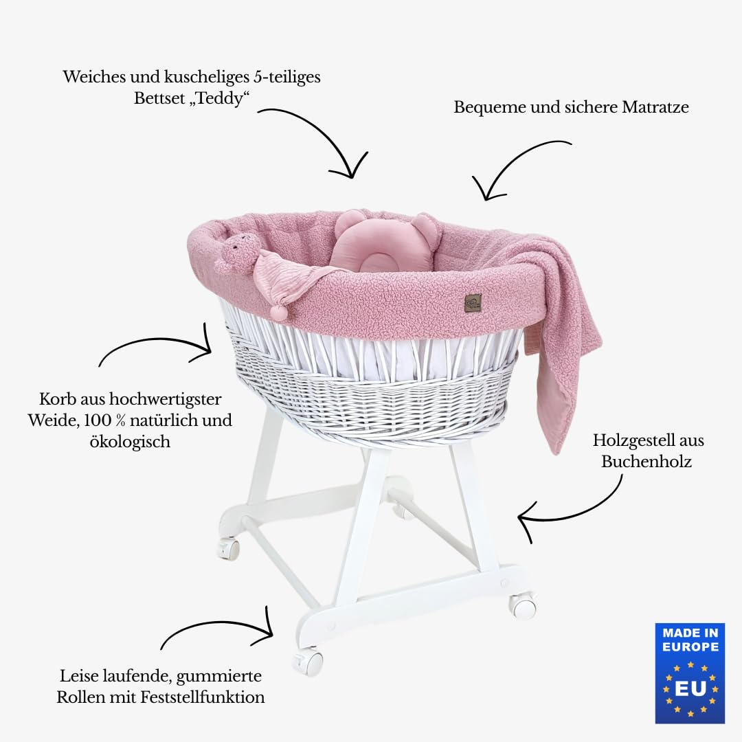 Amelia łóżeczko dziecięce – ręcznie tkany Mojżesz z materacem i materacem – 5-częściowy zestaw pościeli Teddy w kolorze różowym – przenośny wózek na kółkach – idealny dla noworodków
