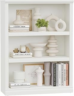 blini 3-Shelf Bookcase White Wooden Bookshelves 33in Wide Floor Standing Display Storage Book Shelves Tall Bookcase for Home Office, Living Room, Bedroom