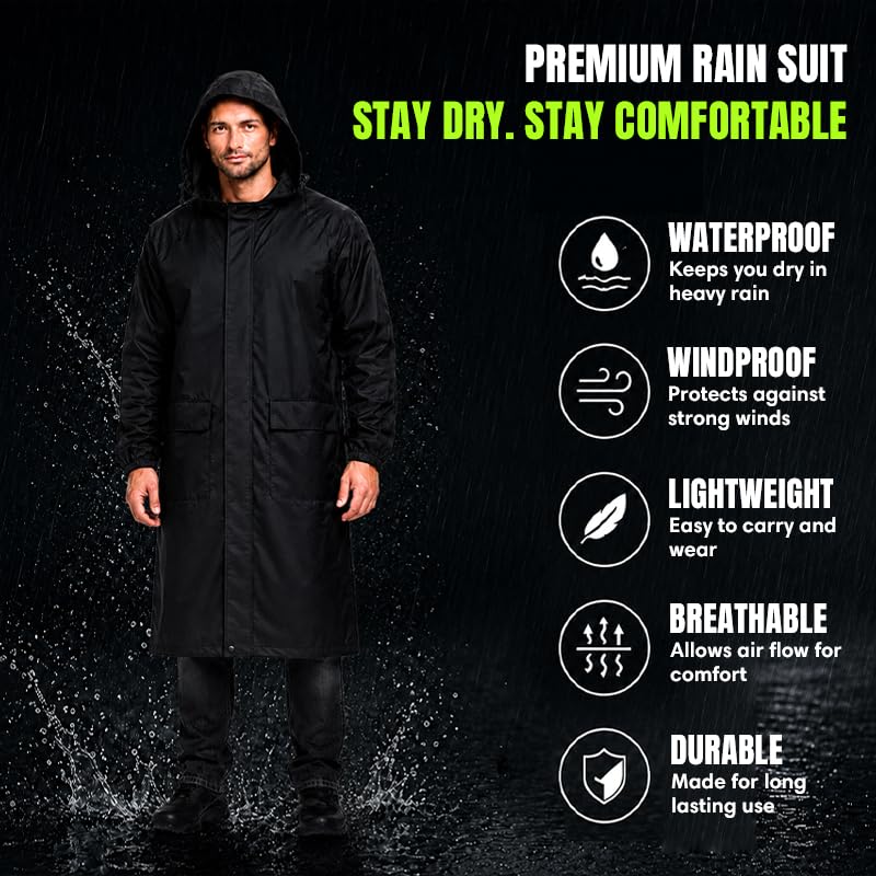 Image of Unisex Long Rain Coat, Black, Hooded, Water Resistant, Lightweight, for Outdoor Activities, Travel and Daily Commute (Pack of 1)