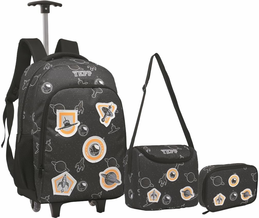 Kit Mochila Menino Infantil Escolar Tema Foguete Astronauta (PRETO)