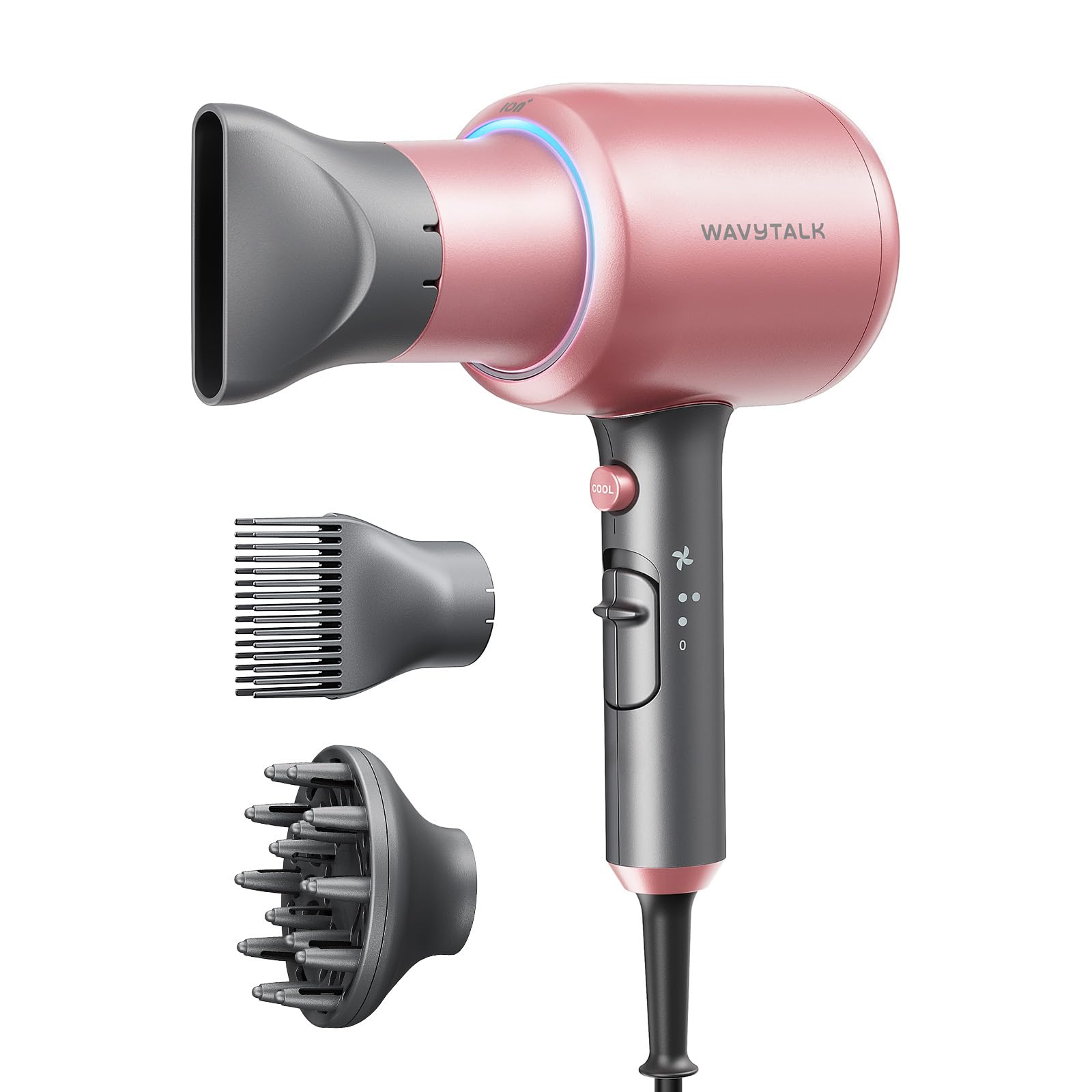 wavytalkHair Dryer, Blown Away Ionic Hair Dryer for Curly Hair with Diffuser, 1875W Fast Drying Blow Dryer with Ceramic Technology, 3 Attachments for All Hair Types, Light and Quiet, Rose Gold