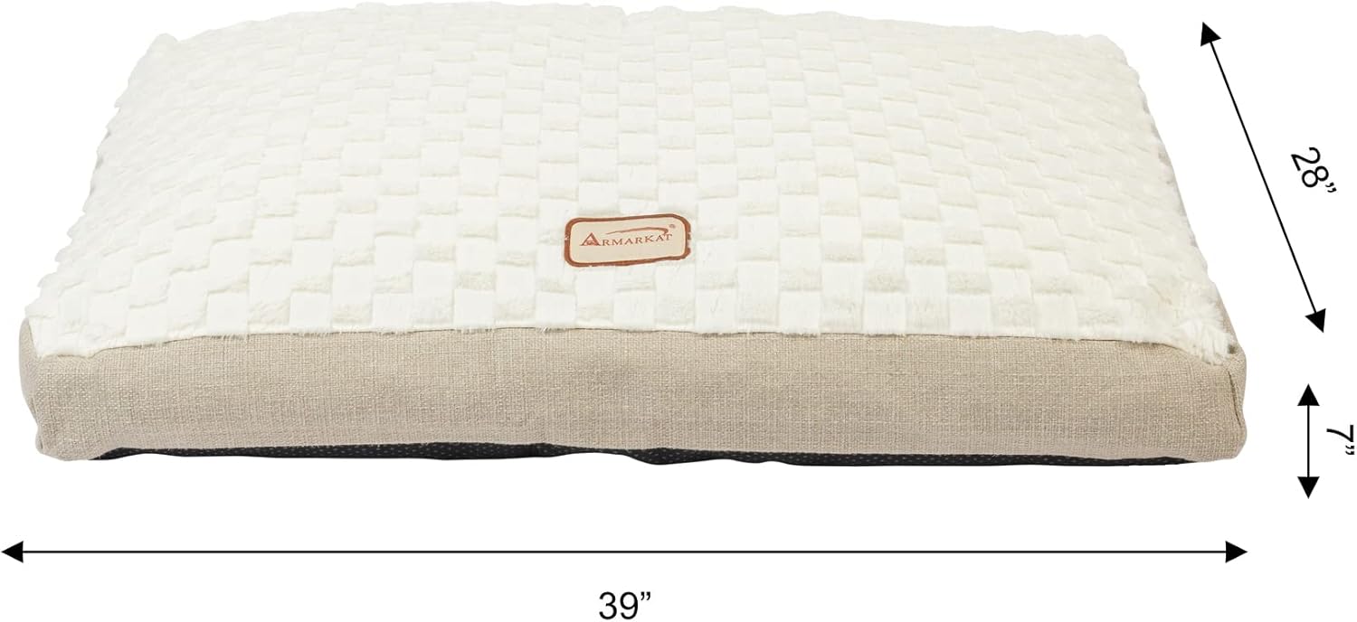 Armarkat Mat Model M12HMB/MB-L Large with Handle, Dog Crate Mat with Poly Fill Cushion & Removable Cover, Beige/White