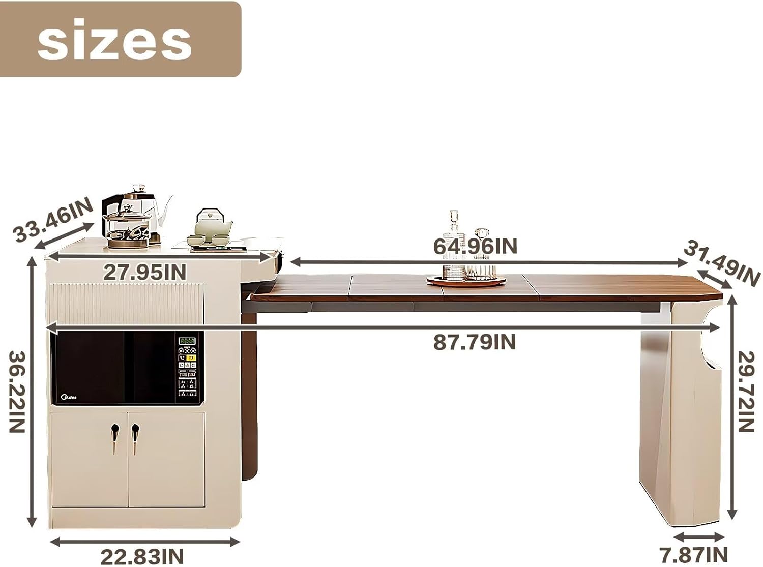 Kitchen Island - Kitchen Island with Extendable Dining Table Includes Solid Wood Tabletop and Slate Countertop,Pull-Out Cabinets with Ample Storage Space for 2-8 Person(No Chair)