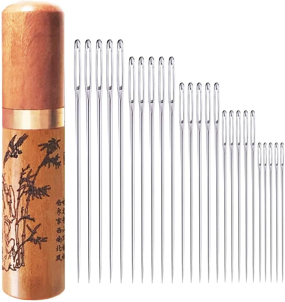 Large Eye Sewing Needles, Embroidery Needles, Stainless Steel, 25 Pieces Sharp Needles with Wooden Needle Case Carving Pattern
