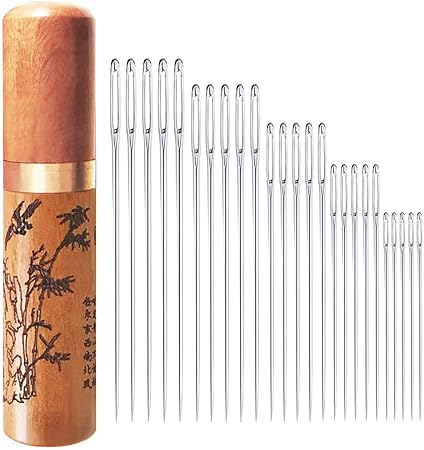 Large Eye Sewing Needles, Embroidery Needles, Stainless Steel, 25 Pieces Sharp Needles with Wooden Needle Case Carving Pattern