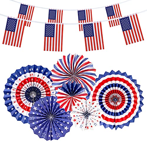 46PCS 4th of July Decorations Set - Korlon American Flag & Red White Blue Paper Fan, 4th of July Banner Fourth of July Decor USA Flag Patriotic Decor Independence Day Party Decor Supplies