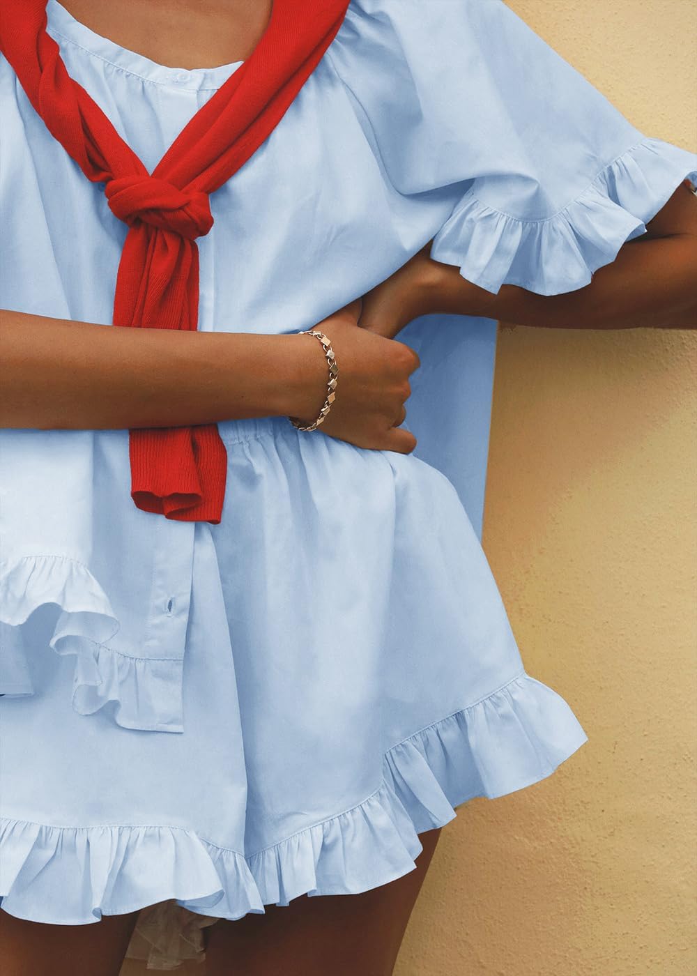 Womens Fashion Summer Short Sets Short Sleeve Button Down Ruffle Trim Top and Shorts Cotton Pajama Sets - Image 4