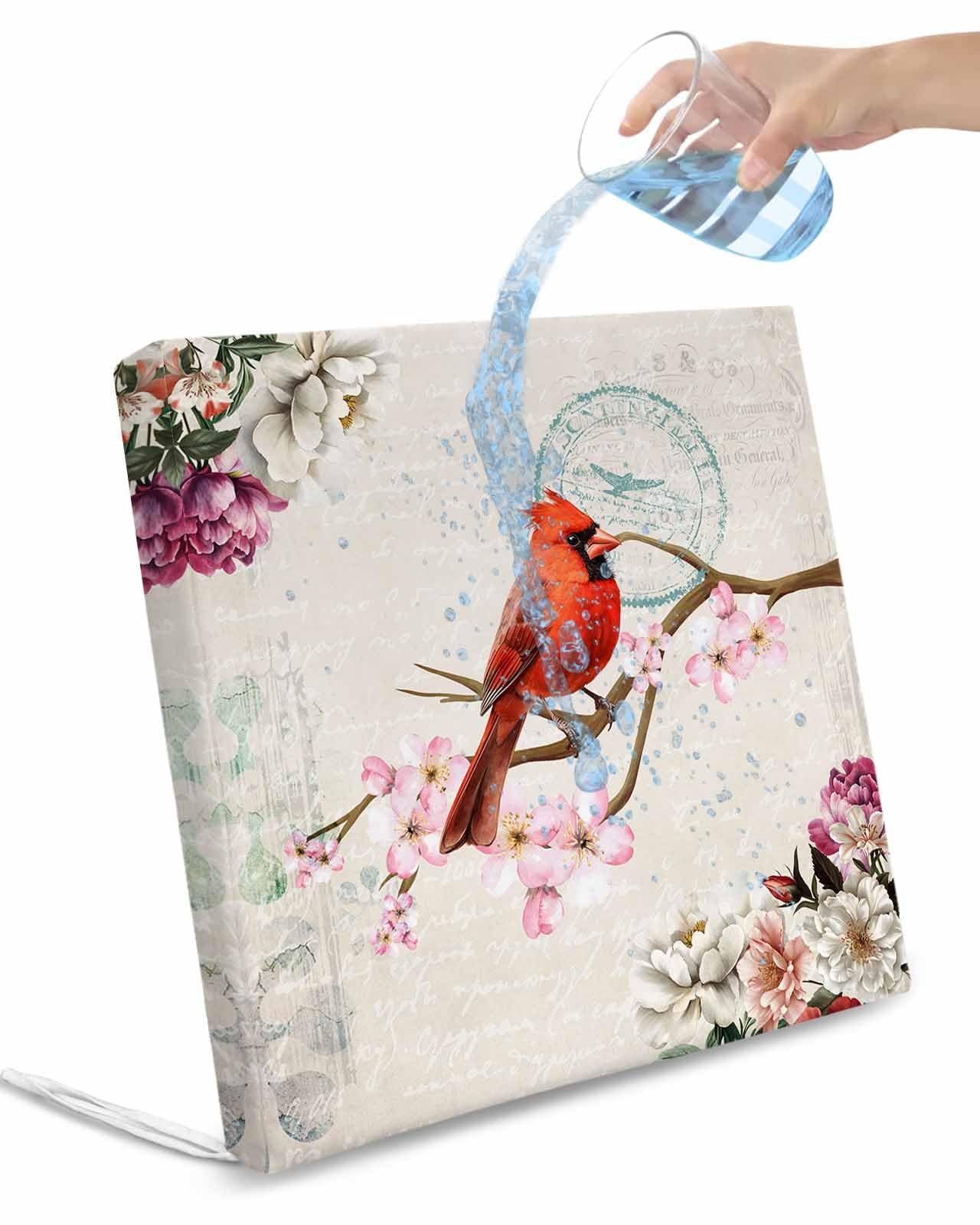 2 Pack Spring Red Bird Waterproof Cushion Covers with Ties, Outdoor Patio Chaise Lounge Chair Seat Cushion Slip Covers Replacement(Only Cover) Summer Vintage Branch Floral Beige 20