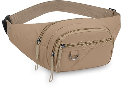 Nylon Waist Bag Fanny Pack for Women Multi-Carry Styles Waist Pack with Adjustable Strap for Outdoors Workout Traveling, Running, Hiking, Cycling Khaki