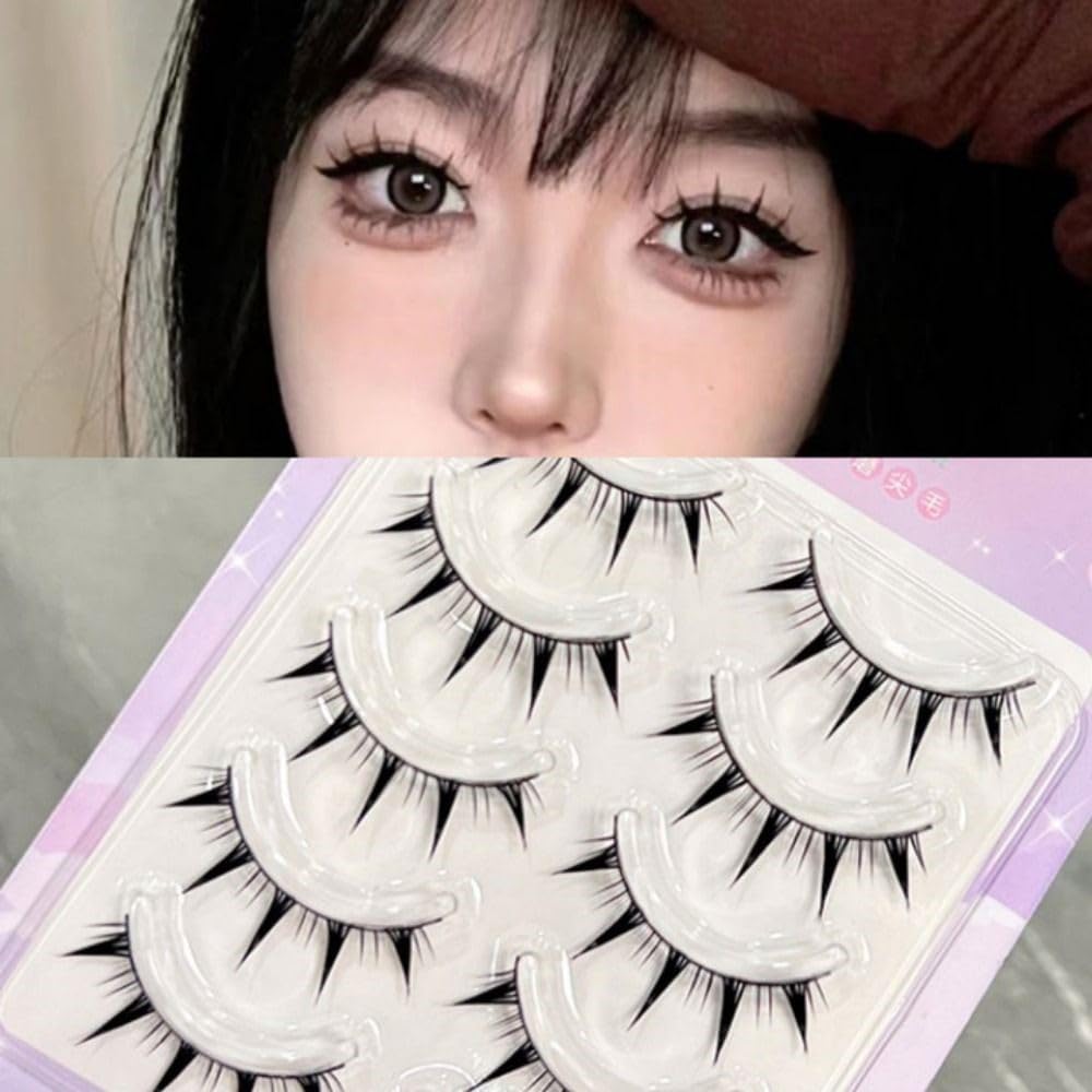 5 Pairs Japanese Style Makeup Manga Lashes, Cosplay Anime Eyelash Extensions, Wet Look Spiky Eyelashes, 3D Little Devil Big Eye Lash Extension Tools, Unique Design for Dramatic Eye Effect