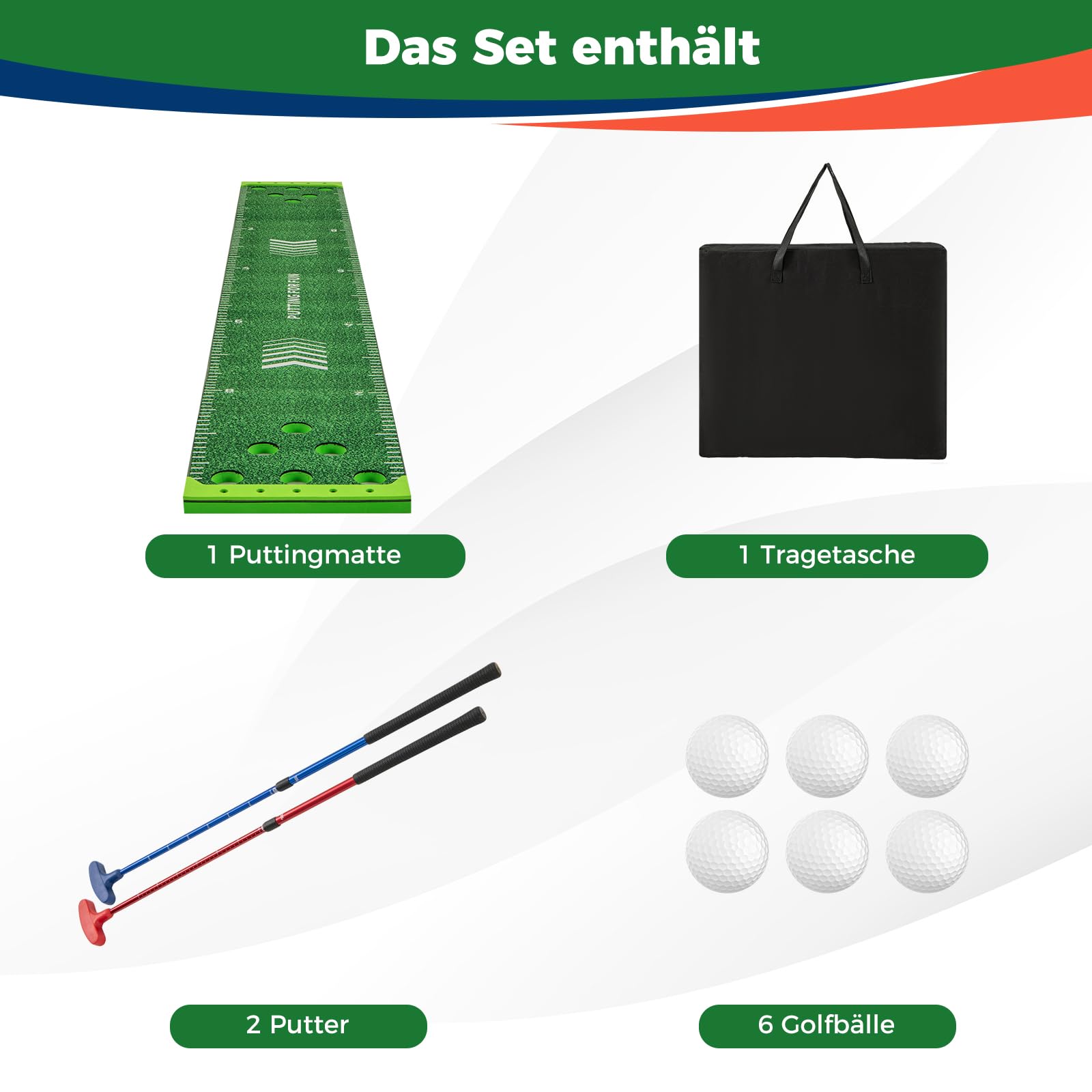 GYMAX Golf Puttingmatte, tragbare Golfmatte mit 2 Verstellbaren Schlägern, 6 Bällen & Tragetasche, Golf Abschlagmatte für Büro, Zuhause, Garten