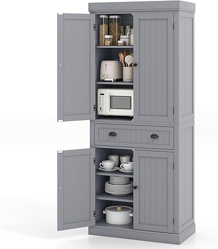 Nightcore Armario independiente de despensa de cocina, armario de madera de 6 pies con 4 estantes ajustables, 2 despensas de madera y 1 cajón,