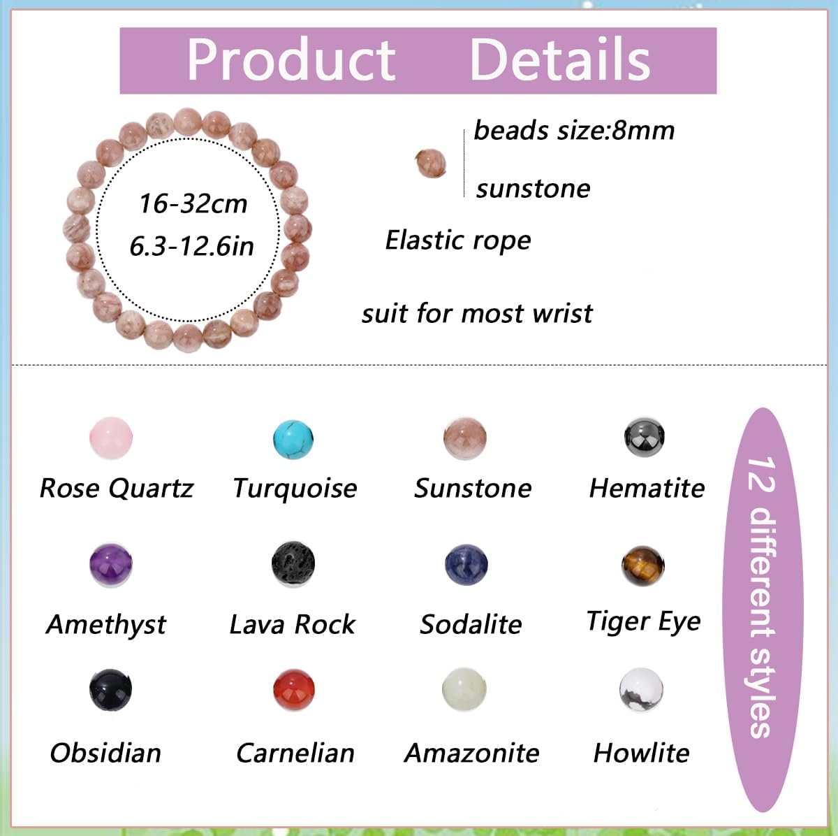 SAMOCO 12Pcs Crystal Stone Beaded Bracelets for Women Men Semi-Precious Gemstones Bracelets Crystal Beaded Bracelet Unisex Adjustable Stretch Bracelets 8MM - Image 4