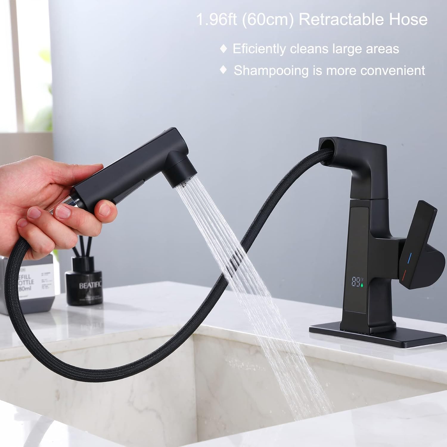 LED Bathroom Faucet with Pull Out Sprayer, Rzoeox Black Temperature Digital Display Bathroom Sink 2 Spray Modes RV Faucet Single Handle 1 or 3 Hose with Deck Plate