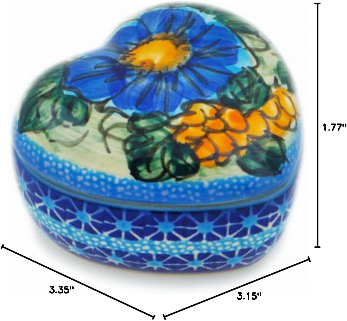 Polmedia Polish Pottery Heart Shaped Jar UNIKAT - Corn In The Blue Pattern Handmade in Boleslawiec Poland + Certificate of Authenticity