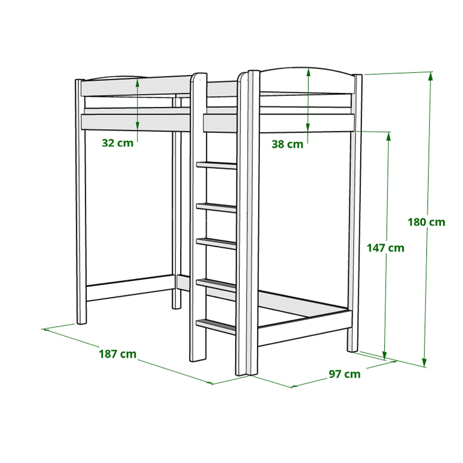 Need Sleep Loft Bed - Litera con escaleras, cama alta para adultos, adolescentes, niños (blanco, 180 x 80 - 180 cm de alto)