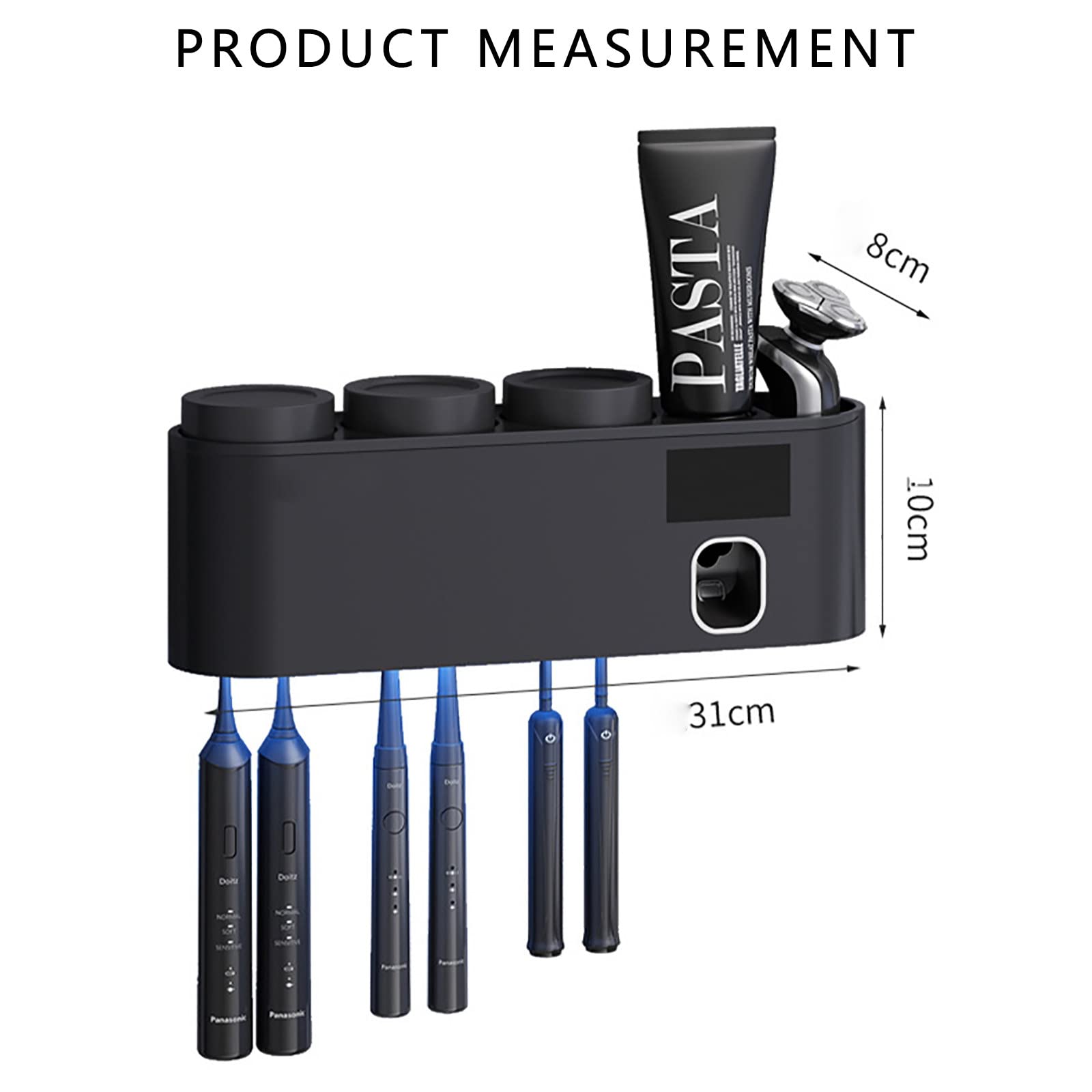 Porta Spazzolino Elettrico, Porta Spazzolino Parete, Porta Testine Spazzolino Elettrico, Sterilizzatore UV per 6 Fessure per Spazzolini Multifunzione Ricaricabile Solare Nero