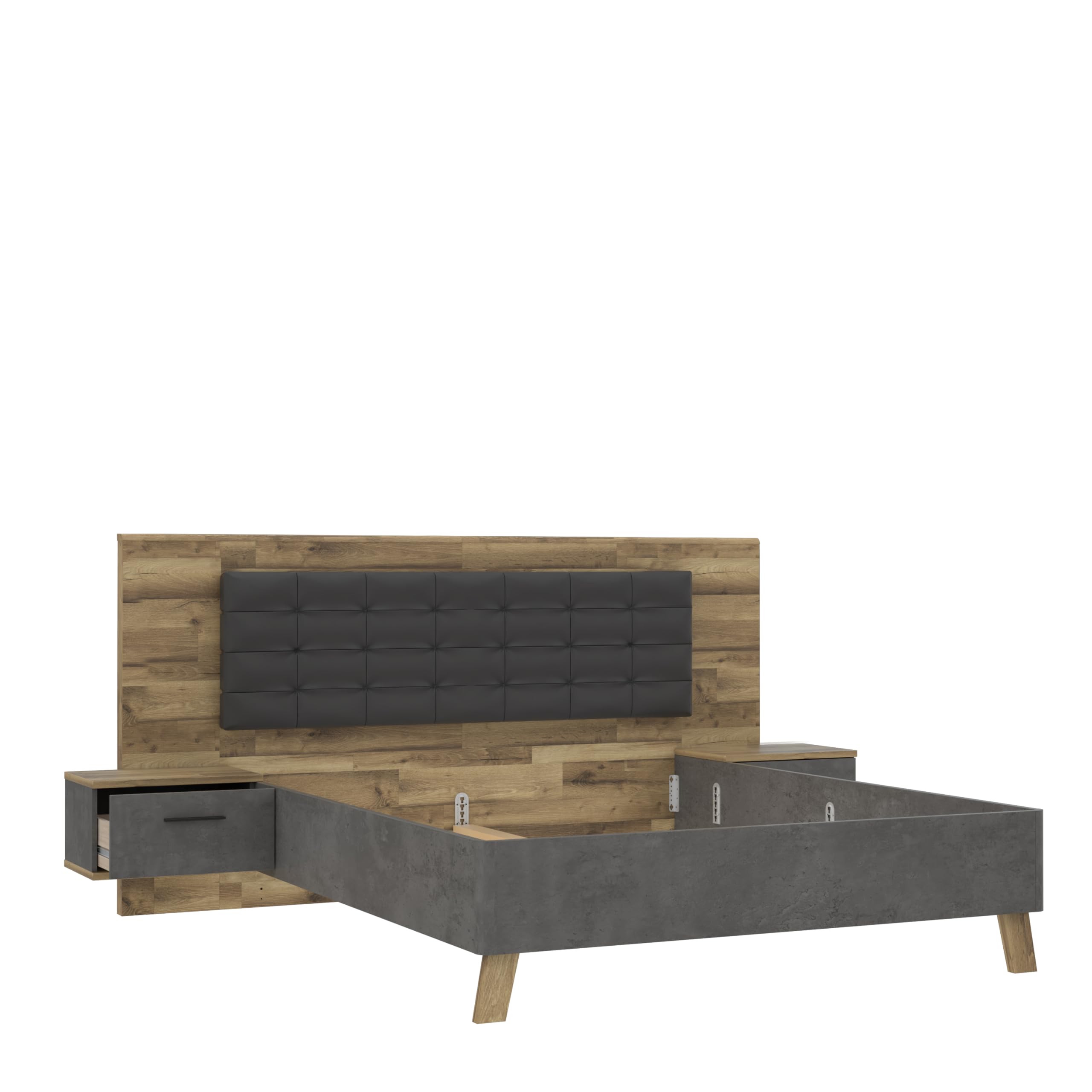 Forte RICCIANO Bett 260 270, Modernes Bett + 2 Nachtkommoden mit 2 Schubladen, Schlafzimmer, Holzwerkstoff, Stabeiche Holzdekor/Betonoptik Dunkelgrau, 266,5 cm breit x 120 cm hoch x 209,9 cm tief