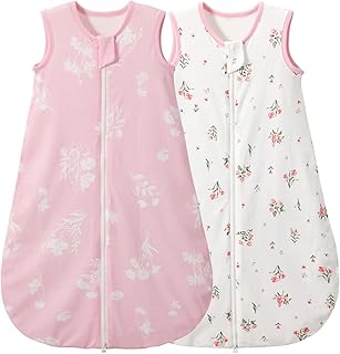 Duomiaomiao Baby Schlafsack 2er 1.0 Tog Schlafsack,Schlafsack 100% Baumwolle ganzjährig Babytragbare Decke unisex Kleinkind Neugeborener Schlafsack 0-6 Monate, Hase und Fuchs(pink-violette Blumen)