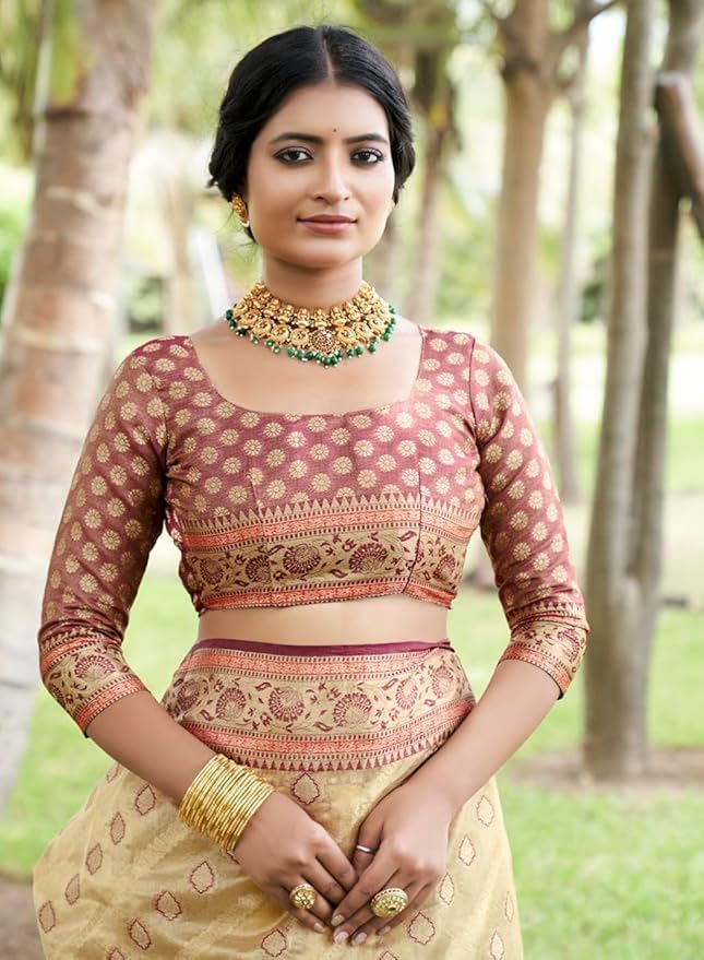 Women's Organza Kanjivaram Pure Soft Silk Handloom Saree Pure Golden Zari With Blouse Piece