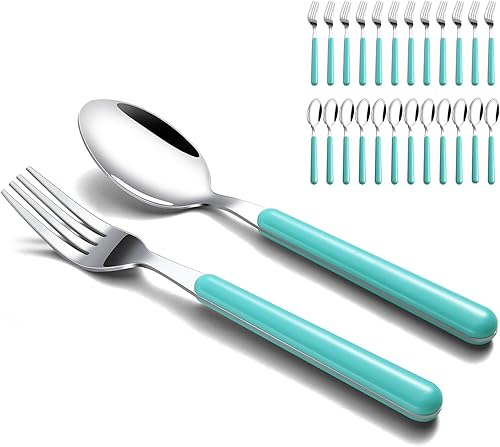 Gymdin Juego de 24 cucharas y tenedores azules, acero inoxidable de grado alimenticio con mango de plástico, pulido con espejo, apto para