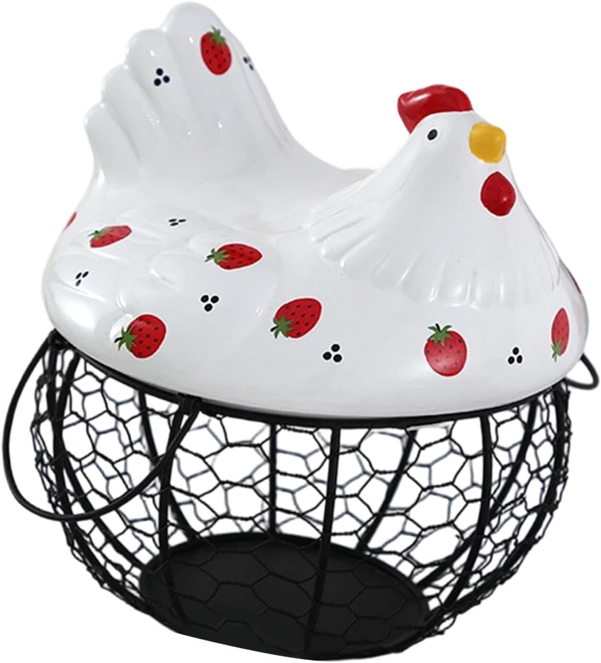 Generic Chicken Egg Basket Black Wire Egg Collection Basket Round Gathering Fresh Eggs with Ceramic Chicken Shaped for Garlic, Style B