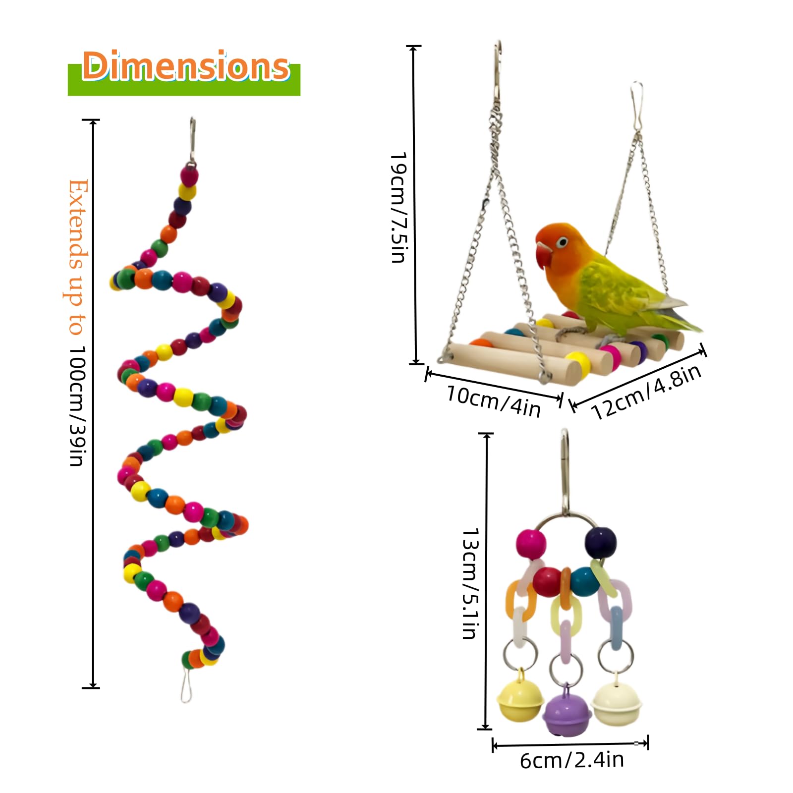 7 Packs Bird Toys for Parakeets, Colorful Parrot Toys with Swings, Bells, Beads, and Perches, Natural Wood Bird Cage Toys for Cockatiels, Lovebirds, Budgies, Conures, and Small Birds - image 5