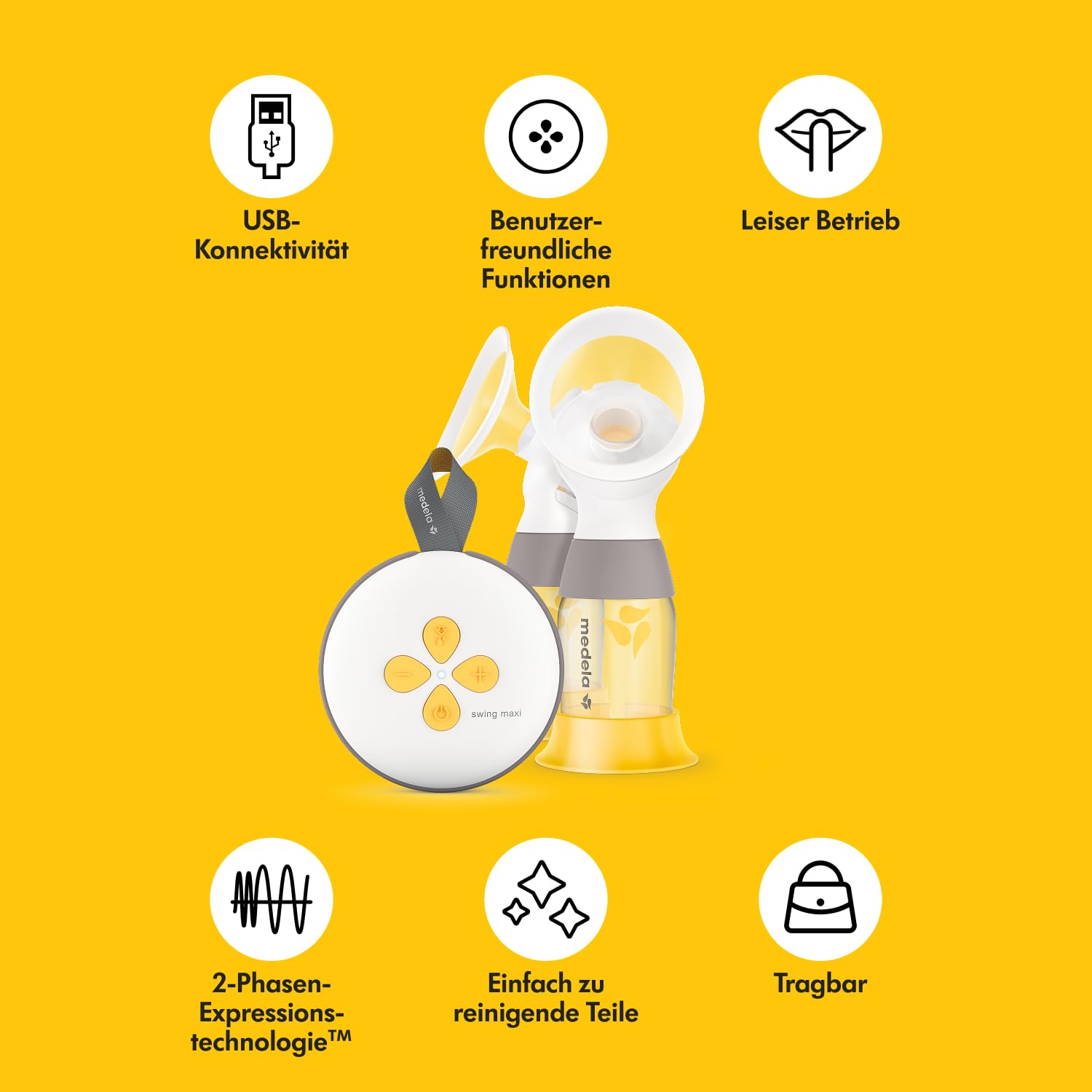 Medela Swing Maxi Elektrische Doppelmilchpumpe mit PersonalFit Flex Brusthauben und 2-Phase-Expression-Technologie