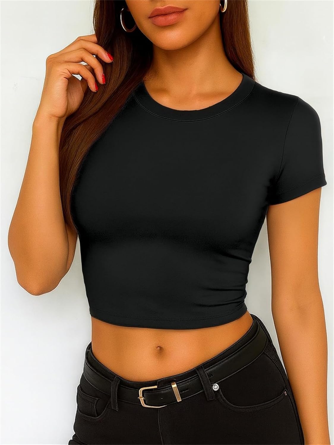 ForeFair Women's Casual Going Out Crop Tops Crew Neck Slim Fit Short Sleeve Basic Tight T Shirts - Image 2