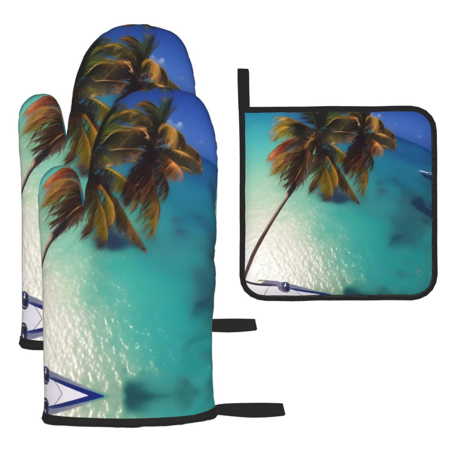 Beach Coconut Sunshine Oven mittens and oven mitts three-piece set suitable for oven, grilling, baking, microwave and home cooking.