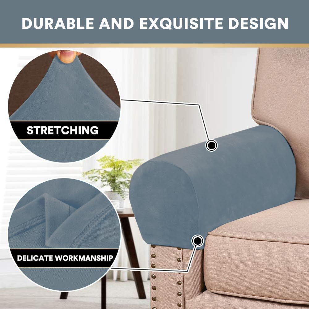 ADPON Stretch Velvet Sofa Armrest Covers Arm Covers for Chairs and Sofas Anti-Slip Couch Armrest Covers with Sticker Furniture Armrest Protector for Sofa Couch Chair Recliner (Stone Blue,Set of 4)