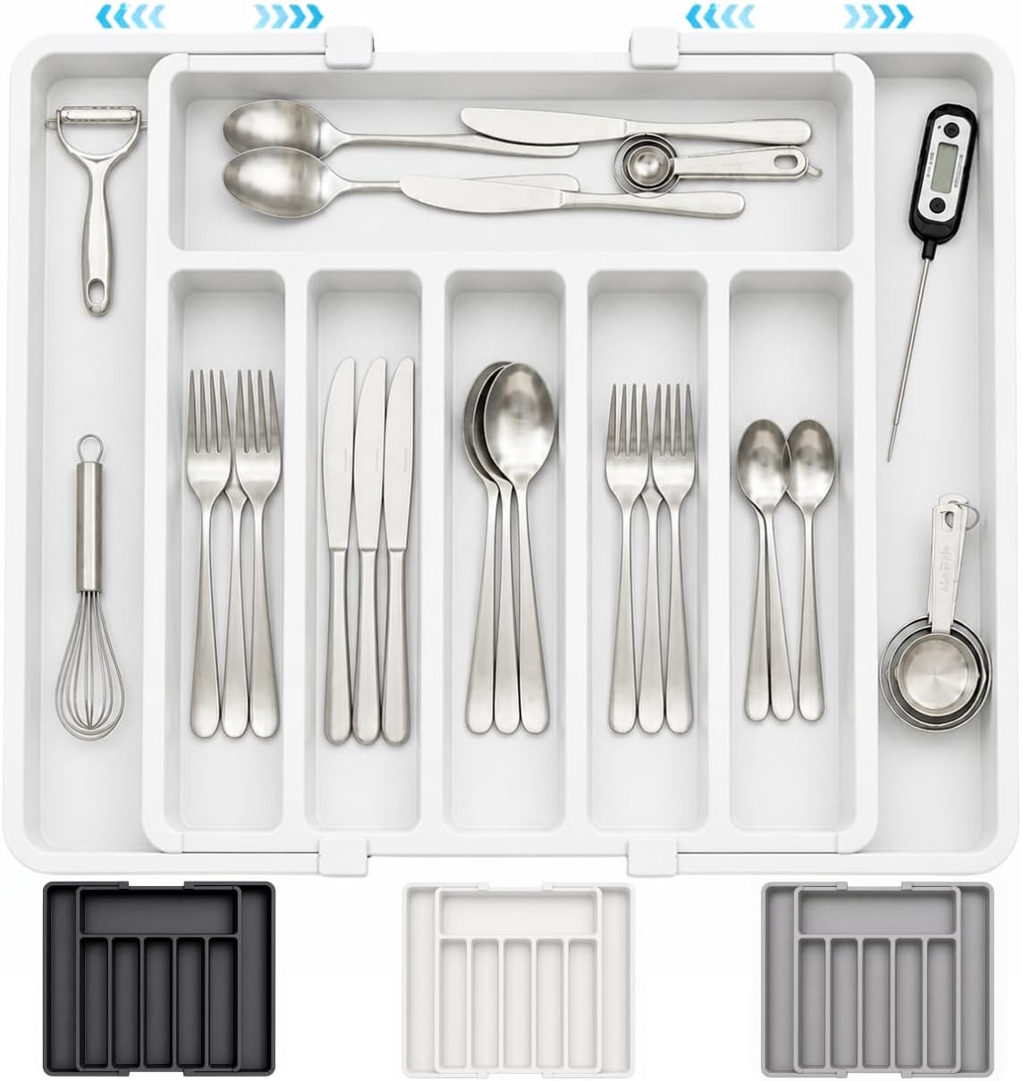 Organizador de Talheres Ajustável Expansível para Gaveta de Cozinha, Porta Talheres com 8 Divisórias, Bandeja Extensível Retrátil para Utensílios Facas e Talheres, Plástico Resistente (Branco)