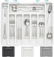 Organizador de Talheres Ajustável Expansível para Gaveta de Cozinha, Porta Talheres com 8 Divisórias, Bandeja Extensível Retrátil para Utensílios Facas e Talheres, Plástico Resistente (Branco)