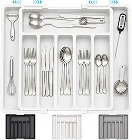 Organizador de Talheres Ajustável Expansível para Gaveta de Cozinha, Porta Talheres com 8 Divisórias, Bandeja Extensível Retrátil para Utensílios Facas e Talheres, Plástico Resistente (Branco)