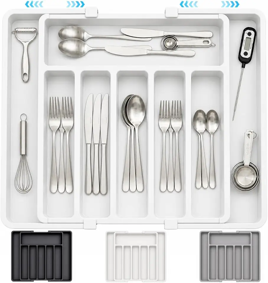 Organizador de Talheres Ajustável Expansível para Gaveta de Cozinha, Porta Talheres com 8 Divisórias, Bandeja Extensível Retrátil para Utensílios Facas e Talheres, Plástico Resistente (Branco)