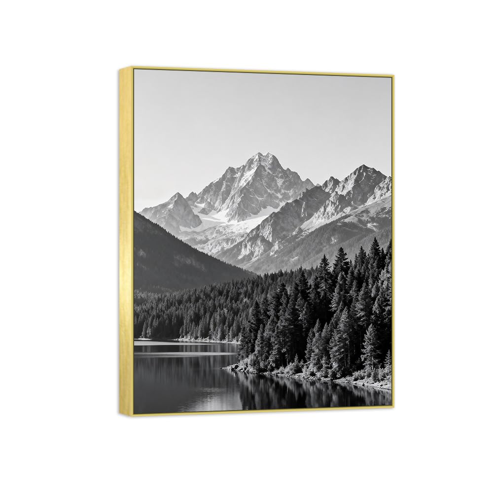 OZPWBVY Tree Lake 3 Black White Landscape Canvas Picture 70x90cm Gold Frame