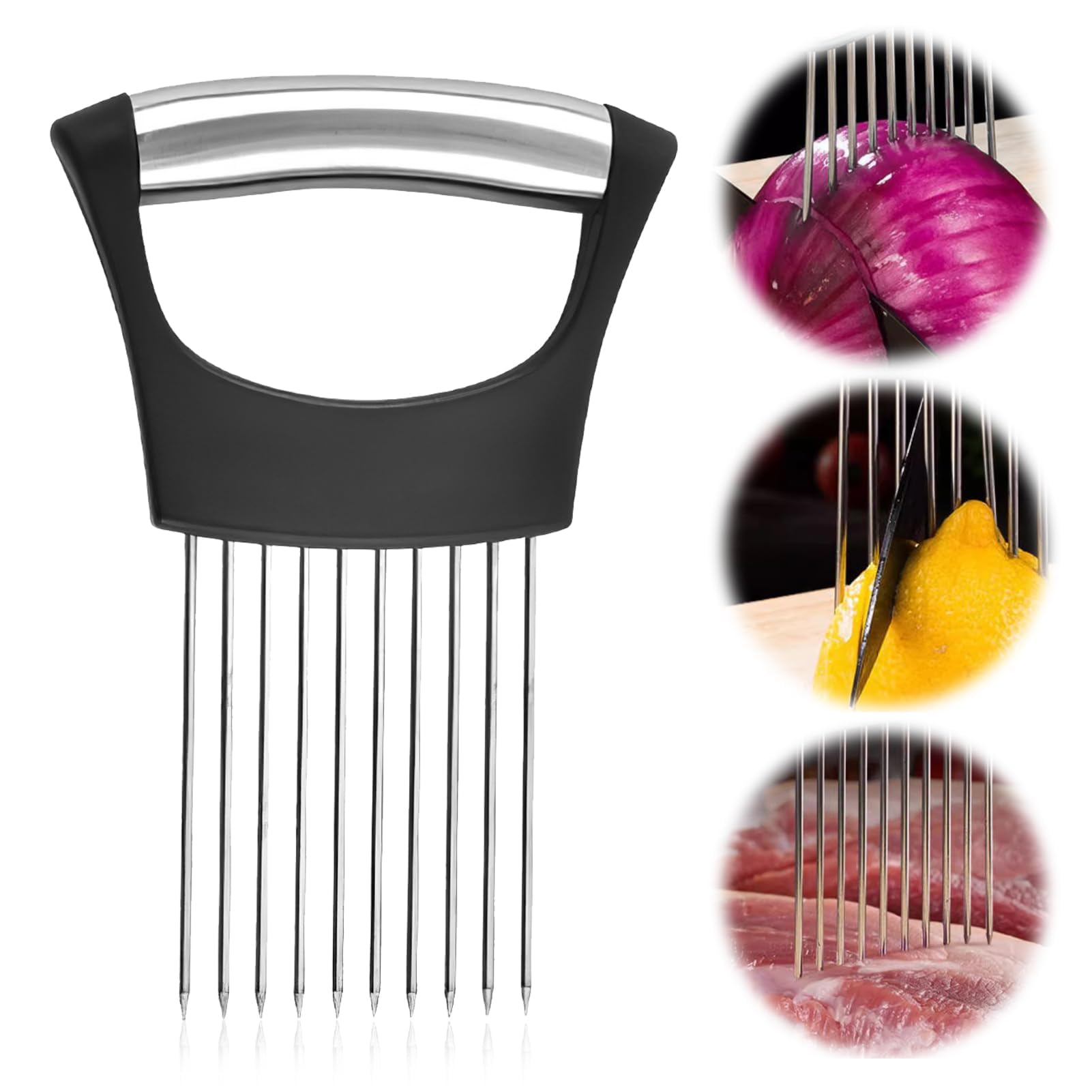 Upgraded Stainless Steel Onion Holder for Slicing - 2024 New Lemon Slicer Vegetable Cutter, Loose Meat Pin Kitchen Chopper Slicing Assistant Tool for Meat, Potato, Tomato
