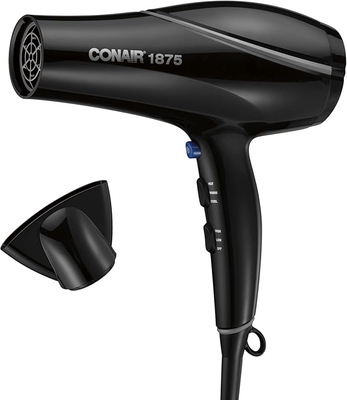 Conair Hair Dryer Style & Shine Natural Crystal Collection, 1875W Hairdryer, 3 Heat Settings, 2 Speeds, Blow Dryer with Concentrator Attachment, Ionic & Hematite-Infused Ceramic Technology, Black