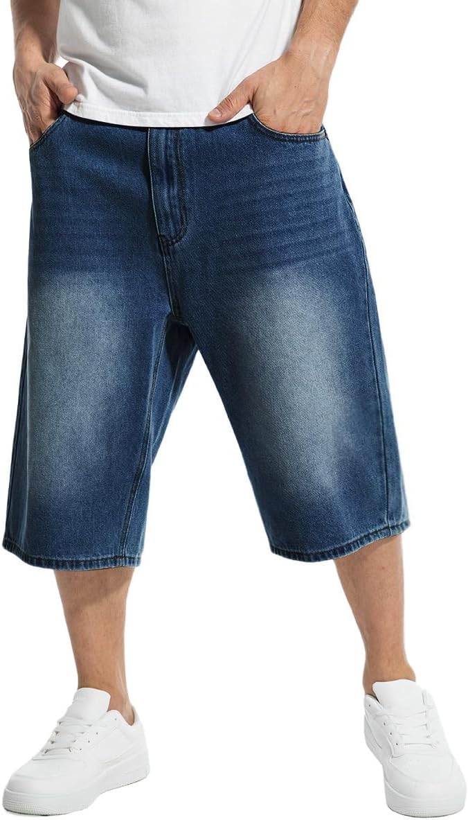 Kinghua Mens Baggy Jean Shorts Casual Loose Fit Hip Hop Skater Streetwear Long Denim Shorts