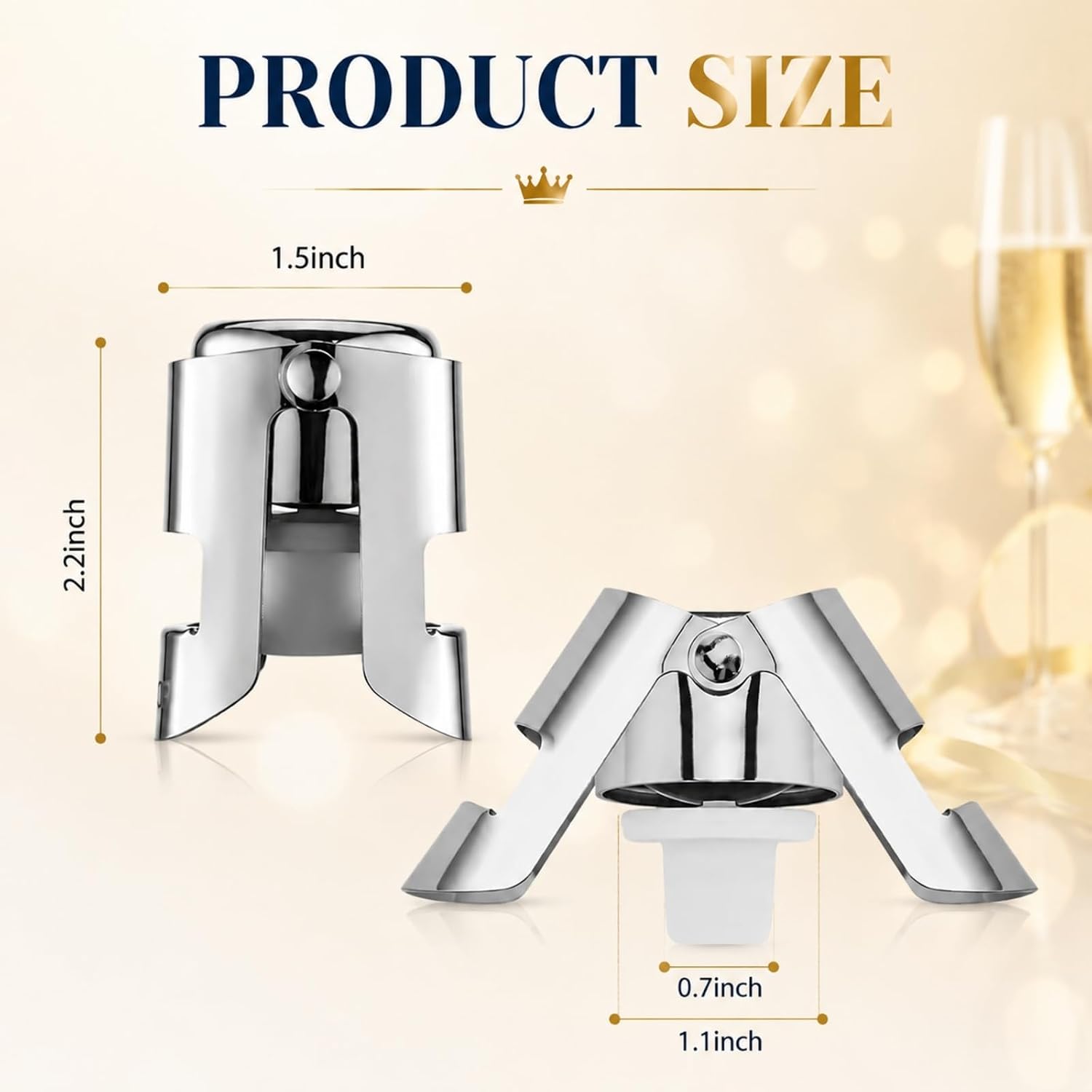 Champagne Stoppers for Bottles, Reusable Stainless Steel Champagne Saver with Food Grade Silicone, Leak Proof & Keep Fresh for Prosecco, Cava, Sparkling Wine Stopper (Silver, 2 Pack)