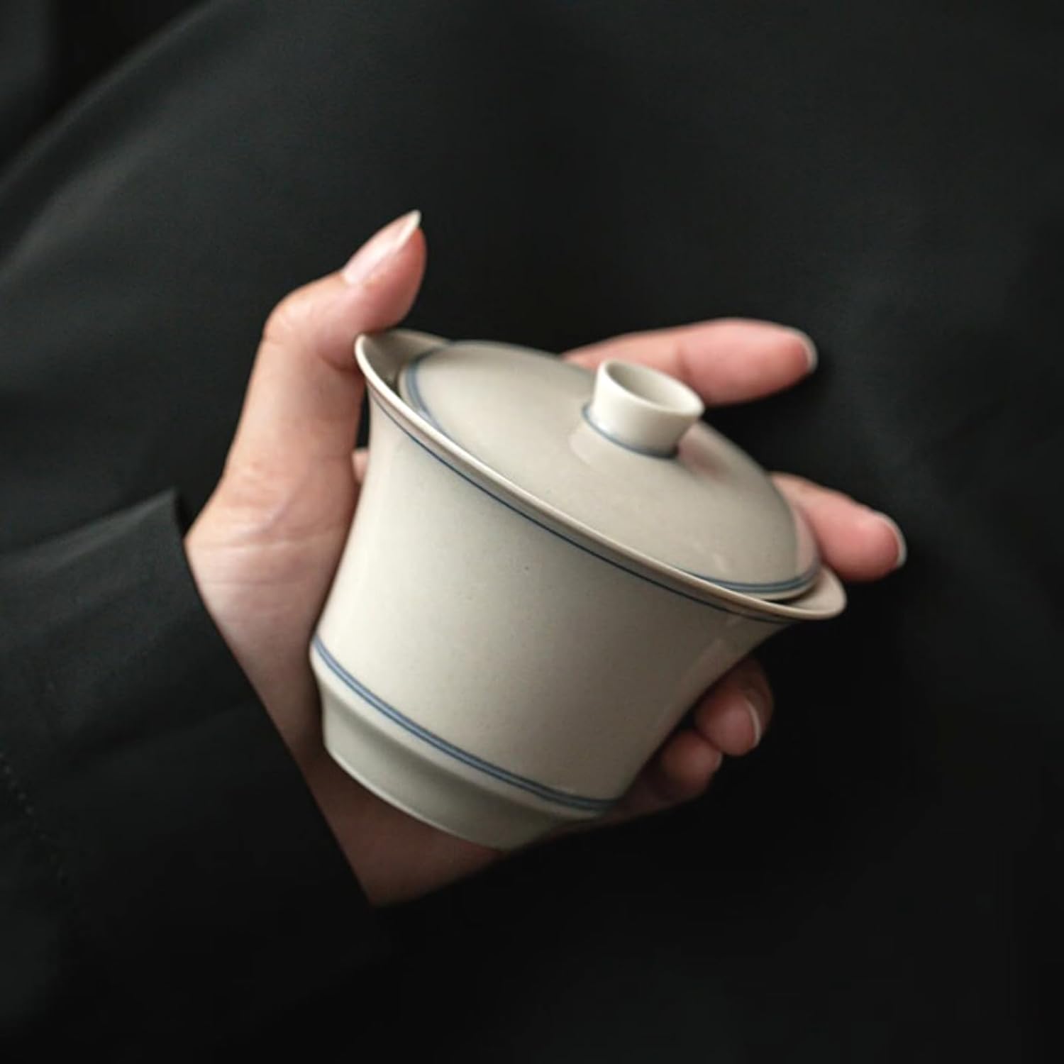 Grass Gray Ceramics Two Lines Gaiwan, 130ml 4.3oz, Handmade Kungfu Tea Set