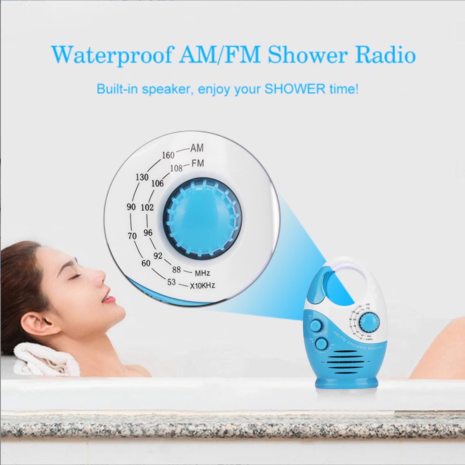 Tragbares Radio, Wasserdichtes Radio, das Duschradio Nimmt das Top-Griff-Design An, Kompaktes Design mit Eingebauten Lautsprechern, Geeignet für Duschräume, Nachttische und Garagen.