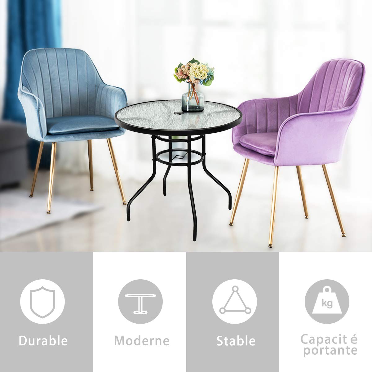 COSTWAY Table de Jardin Ronde, Plateau en Verre Trempé Massif avec Trou de Parasol, Cadre en Métal Anti-Rouille Plateau ø 80 CM, Hauteur 70 CM pour Balcon, Bistro,Patio, Terrasse Noir