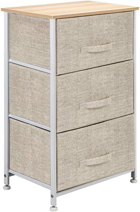 Nightstand Chest with 3 Fabric Drawers, Bedside Furniture, Lightweight Accent Table, Storage Drawer Unit with Wood Top Fabric Bins for Hallway, Entryway, Closets, Nursery (Brown)