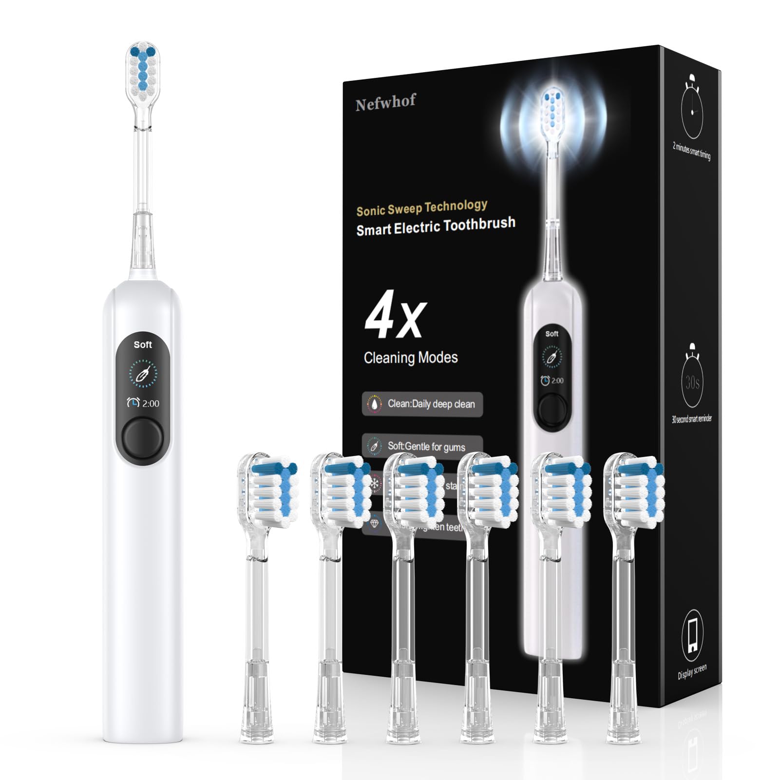 Spazzolino elettrico Sonic per adulti con 6 testine di ricambio e 4 modalità di pulizia, spazzolino ricaricabile, timer intelligente, display LCD, ricarica rapida 4 ore, impermeabile IPX7, adatto ai