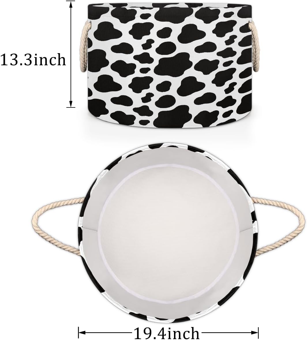 Large Round Laundry Basket Cow Skin Animal Toy Bins Organizers and Storage for Girls Canvas Collapsible Blanket Storage Basket Laundry Hamper Gift Baskets Bedroom Clothes Children Nursery