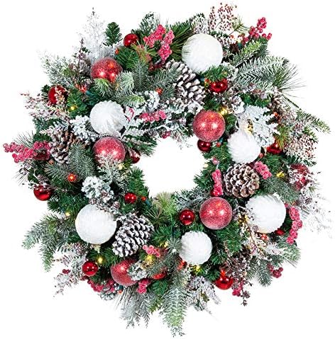 [30 Inch Artificial Christmas Wreath] - Frosted Wonderland Collection - Red White Decoration - Pre Lit with 50 Candy Cane Colored LED Mini Lights - Includes Remote Controlled Battery Powered Timer